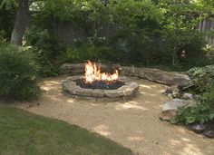 an outdoor fire pit surrounded by trees and bushes