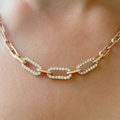 "This Italian handcrafted chain link necklace is completely composed of 14K solid gold and is uniquely made with a semi-hollow interior for comfortable everyday wear that will not dent . The chain is centered with three slightly larger links which are pavé set on both sides with genuine GVs1 quality natural real Diamonds. NOTE: This item is available in longer or shorter length options. Kindly send us a \"Custom Order\" request for pricing and details. ♦ Total Length: available in your choice of Rose Gold Chain Necklace As Gift, Modern Rose Gold Oval Link Chain Necklace, Rose Gold Oval Link Chain Necklace, Anniversary Link Chain Necklace With Paperclip Chain, Anniversary Paperclip Chain Link Necklace, Oval Link Chain Necklace For Anniversary, Cable Chain Link Necklace For Anniversary, Anniversary Oval Link Cable Chain Necklace, Anniversary Cable Chain Necklace With Oval Links