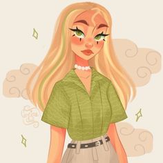 a drawing of a woman with blonde hair and green eyes, wearing a short skirt