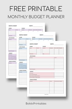 three printable budget planner pages with the text free printable month - by - month