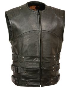 This SWAT style vest from Milwaukee Leather is made from premium milled cowhide and offers the comfort and protection you need while riding. Adjustable triple side straps allow for a comfortable fit, and the single panel back is perfect for patches. This vest is a real looker too, with it's SWAT style design and studded detail, and is sure to be a favorite you reach for again and again for years to come. 1.1-1.2mm premium cowhide leather Collarless design with zip front closure Fitted Leather Vest For Outdoor, Sleeveless Leather Outerwear For Biker Events, Fitted Sleeveless Biker Jacket For Biker Events, Fitted Sleeveless Biker Jacket For Events, Fitted Sleeveless Biker Outerwear, Sleeveless Fitted Biker Outerwear, Winter Leather Motorcycling Vest, Winter Motorcycling Leather Vest, Fitted Moto Vest For Winter