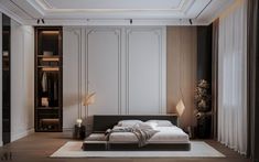 a bedroom with a large bed in the middle of it and lots of closet space