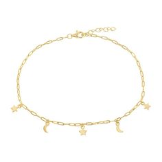 "This gorgeous 14k gold over sterling silver charm anklet is the perfect way to finish any outfit. This gorgeous 14k gold over sterling silver charm anklet is the perfect way to finish any outfit. Length: 10 in. Clasp: spring-ring Metal: sterling silver Plating: 14k gold flash plated Finish: polished Packaging: boxed Please note, due to the high value of this item, a signature may be required upon delivery. Size: 10"". Color: Yellow. Gender: female. Age Group: adult." Gold Anklet With Star Charm As Gift, Gold Anklets With Star Charm For Gift, Charm Anklet, Moon Star, Ring Metal, Anklet Jewelry, Sterling Silver Charm, Metal Rings, Stars And Moon