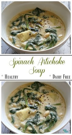 spinach and artichoke soup in a white bowl