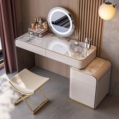 a dressing table with a mirror and stool