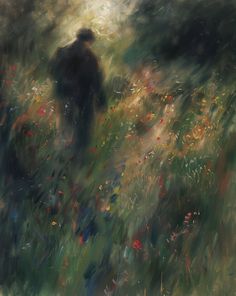 a painting of a man walking through a field with wildflowers in the foreground