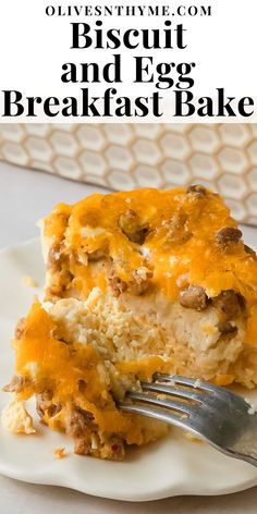 a close up of a slice of breakfast bake on a plate with a fork