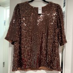 Loft Sequin Top New With Tags Size L Brown/Copper Half Sleeve Brown Short Sleeve Party Top, Party Brown Short Sleeve Tops, Double Gauze Top, Sparkly Shorts, Wrap Top Blouse, Grey Trench Coat, Brown Copper, Hem Top, Puff Sleeve Top