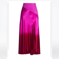 Alejandra Alonso Rojas Women's Skirt Invisible Zip Closure At Side Lambskin Asymmetrical Waistband Gradient Fuchsia Unlined Midi Length Front Slit High Low Hemline Lightweight Silk Size 6 Measures Approx. 27" Waist, 37.25" Center To Hem Made In Usa Material: 100% Silk, 100% Lambskin, Lining, 100% Cotton Style: Combo Skirt Color: Fuchsia Care: Dry Clean Only Bridesmaid Dresses Ideas, Matching Skirt Set, Bias Skirt, Feather Skirt, Bias Cut Skirt, Suede Tops, Sequence Work, Silky Blouse, Dresses Ideas