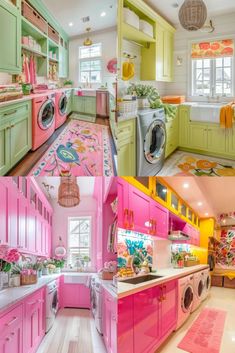 this kitchen is painted bright pink, green and yellow with lots of colorful accessories on the counters