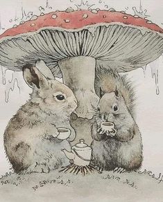 two rabbits are sitting under a mushroom with a tea cup in their hands and one is eating