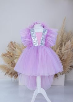 Lavender Tutu Birthday Baby Dress, Feathers Sleeve, Graduation Sparkling Princess Gown, Pageant Toddler Dress, High Low Dress With Train - Etsy