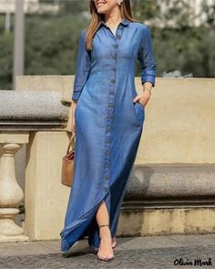 Color: blue, Size: L Loose Denim Dress, Long Denim Dress, Casual Denim Skirt, Long Sleeve Denim Dress, Denim Skirt Fashion, Robes Glamour, Robes D'occasion, Moda Denim, Spring Maxi Dress