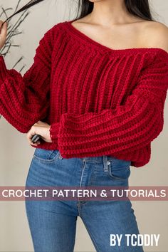 a woman wearing a red sweater and jeans with the text crochet pattern & tutors