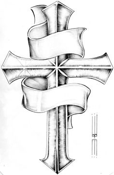 a cross with two banners on it, and an arrow in the middle is drawn by hand