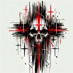 a cross with a skull on it is painted in red and black ink, as well as some crosses