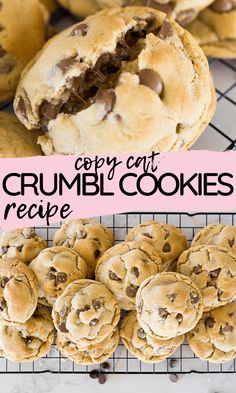 several cookies on a cooling rack with the words copy cat crumbl cookies