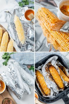 corn on the cob in tin foil with seasoning and sauces next to it