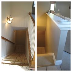 two pictures of stairs leading up to the second floor