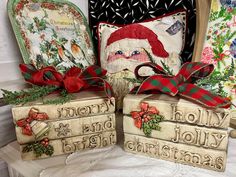 three boxes with christmas decorations on them