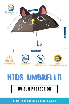 an umbrella with the words kids umbrella written below it and pictures of cats on it