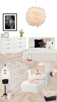 a white bedroom with pink accents and accessories on the floor, including a bed, dresser,