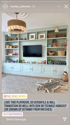 the living room is decorated in blue and white with lots of bookshelves on it