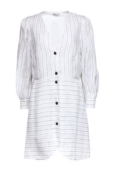 Stand out in this dress from Sandro that has a classic look with a modern twist. The ivory linen blend fabric is highlighted by a subtle black and metallic silver stripe print that will make you look and feel like a timeless beauty. With long sleeves and a classic cut, you'll look effortlessly elegant paired with any mule heel. Size 10 Shell 50% Hemp, 45% Linen, 3% Viscose, 1% Polyamide, 1% Polyester Lining 100% Polyester Button front closure V-neckline Bust 40" Waist 35" Shoulder to hem 35.5" Sleeve length 24" Mule Heel, Buy Shoes Online, Button Front Dress, Sweater Weather, Stripe Print, Classic Looks, Timeless Beauty, Heeled Mules, Day Dresses