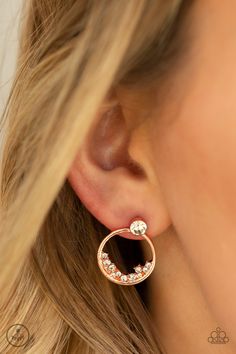 Rich Blitz - Copper & White Rhinestone Peek A Boo Earrings - Paparazzi Paparazzi Accessories Jewelry, Silver Strand, Chic Jewelry, White Rhinestone, Blue Gems, Jewelry Images, Paparazzi Accessories, Pink Stone, Paparazzi Jewelry