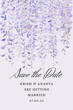 wedding save the date card with purple flowers hanging from it's back and white background