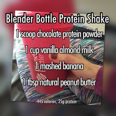 a person is holding a protein shaker in their hand with the caption, blender bottle protein shaker i scoop chocolate protein powder