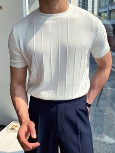 White Casual Collar Short Sleeve Knitted Fabric Plain  Embellished High Stretch  Men Clothing 남성 근육, Mens Business Casual Outfits, Classy Outfits Men, Stylish Men Casual, Mens Casual Dress Outfits, Men Stylish Dress, Guys Clothing Styles, Luxury Clothes, Mens Outfit Inspiration