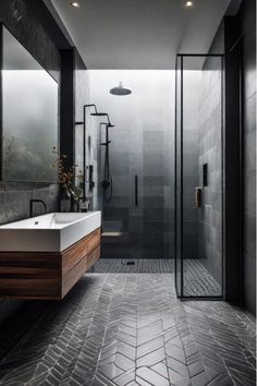 Modern bathroom featuring geometric tile patterns on walls and floor Geometric Tile Pattern, Modern Bathroom Remodel, Geometric Tiles, Bathroom Layout, Bathroom Tiles, Livingroom Layout, Smart Storage, Shower Enclosure