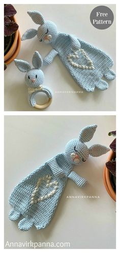 crocheted stuffed animals are shown in two different pictures, one is blue and the other is white