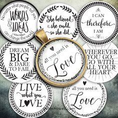 the words and phrases on these coasters are all hand drawn in black ink, with gold