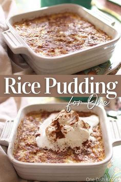 Rice pudding in a small square baking dish topped with a dollop of whipped cream and dusted with cocoa powder. Rice Pudding For One, Pudding For One, Homemade Rice Pudding, Easy Meals For One, Rice Pudding Recipe, Easy Meals For Two, Single Serve Desserts