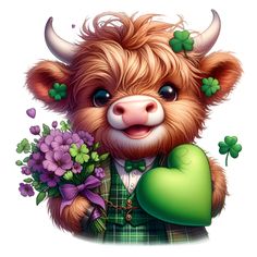 a cute brown bear holding flowers and a green heart