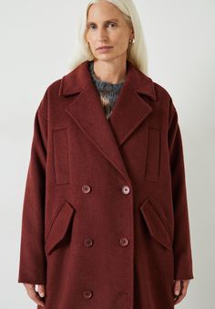 Maddie Cocoon Relaxed Wool Blend Coat Oversized Single-breasted Wool Coat, Cozy Wool V-neck Outerwear, Wilfred Cocoon Coat, Oversized Red Wool Outerwear, Red Single-breasted Wool Coat With Long Sleeves, Great Coat, Wool Blend Coat, Beautiful Drapes, Real Style