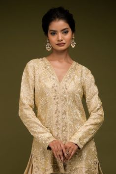 Ivory and beige jacket style kurta with cutdana embroidered floral abstract rosette patterns. Comes with draped dhoti pant and dupatta. - Aza Fashions Elegant Anarkali Set With Gold Embroidery, Festive Beige Set With Gold Embroidery, Elegant Kurta With Gold Embroidery And Traditional Drape, Elegant Bandhgala With Dupatta In Raw Silk, Elegant Raw Silk Bandhgala With Dupatta, Elegant Straight Kurta Set With Gold Embroidery, Elegant Designer Nehru Jacket With Dupatta, Elegant Festive Kurta With Gold Embroidery, Elegant Bandhgala With Straight Kurta For Festivals