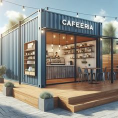 an artist's rendering of a coffee shop on a deck with tables and chairs