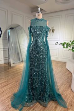 Neckline: High NeckSilhouette: MermaidSleeve Length: Ruffle SleevesEmbellishment: Beads, Pearls Pearl Mermaid, Mermaid Evening Dress, Mermaid Evening Dresses, Night Out Dress, Ruffle Sleeves, Mermaid Prom Dresses, Long Prom Dress, Dress Size Chart, Quince