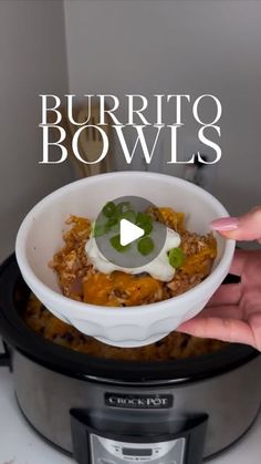 someone is holding up a bowl of burrito bowls in front of an instant pot