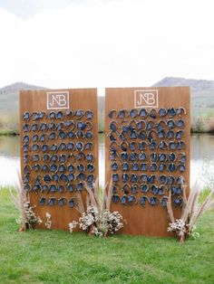 two large wooden signs sitting on top of a lush green field next to a lake