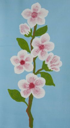 a painting of pink and white flowers on a blue background