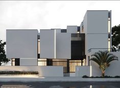 an architectural rendering of a modern building with palm trees in the foreground and cloudy sky above