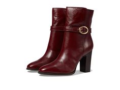 Franco Sarto Informa Wren Buckle Detail Heeled Booties - Women's Boots : Bordeaux Leather : Maintain your effortless style in the Franco Sarto Informa Wren Buckle Detail Heeled Booties. These booties feature a side zipper closure with an almond toe silhouette, buckle detailing on shaft and a stacked heel. Leather upper. Man-made lining and insole. InFORMA comfort technology: Ergonomic insoles, contoured padding at key pressure points, and exceptional support. Man-made outsole. Imported. Measurem Chic Fall Moto Boots With Block Heel, Block Heel Moto Boots For Fall Workwear, Wide Calf Fall Boots With Buckle Closure, Formal High Heel Moto Boots For Fall, Elegant Medium Width Moto Boots For Fall, Elegant Fall Moto Boots With Reinforced Heel, Fall High Heel Boots With Buckle Closure, Elegant Moto Boots With Reinforced Heel For Fall, Elegant Ankle Moto Boots For Fall