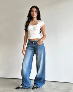 Marine Blue Wash Extra Wide Low Rise Jeans | Roomy – motelrocks-com-us Low Waist Jeans, Summer Bodycon Dress, Oversized Jeans, Red Jeans, Black Satin Dress, Bandeau Dress, Marine Blue, Black Bodycon Dress, Body Con Skirt