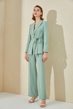 Mint Green V-neck Blazer Pantsuit | FashionByTeresa Sequin Suit, Belted Blazer, Tailored Design, Blazer Buttons, Welt Pockets, Flap Pocket, Welt Pocket, Mint Green, Double Breasted