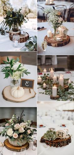 the table is decorated with candles, flowers and succulents