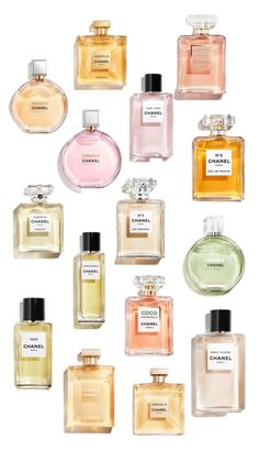 many different types of perfumes are arranged in a grid on a white background with the words chanel written above them